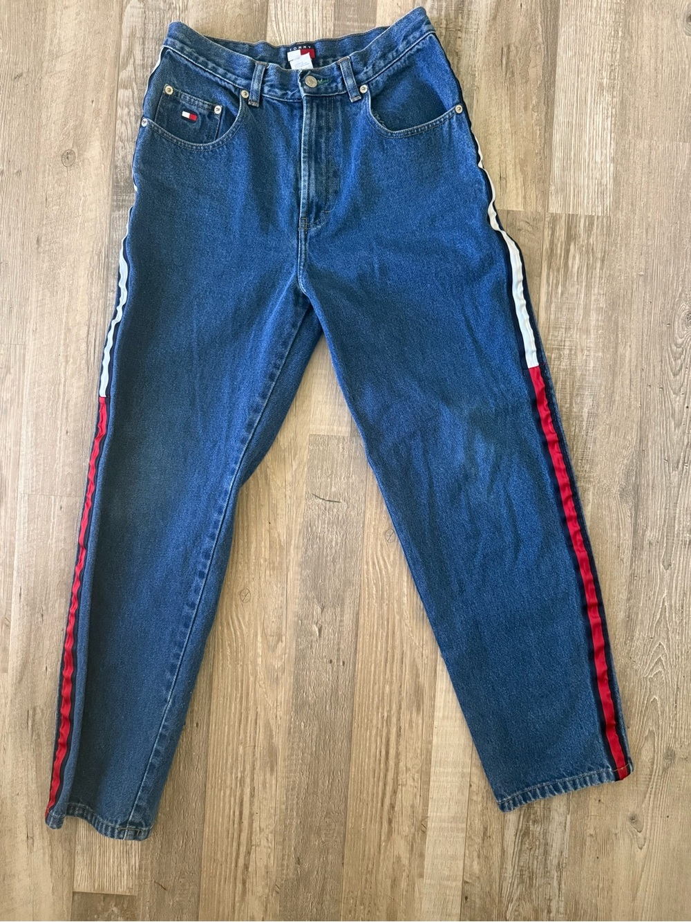Vintage 1998 Tommy Hilfiger Navy Denim Jeans with Red & White Side Stripe